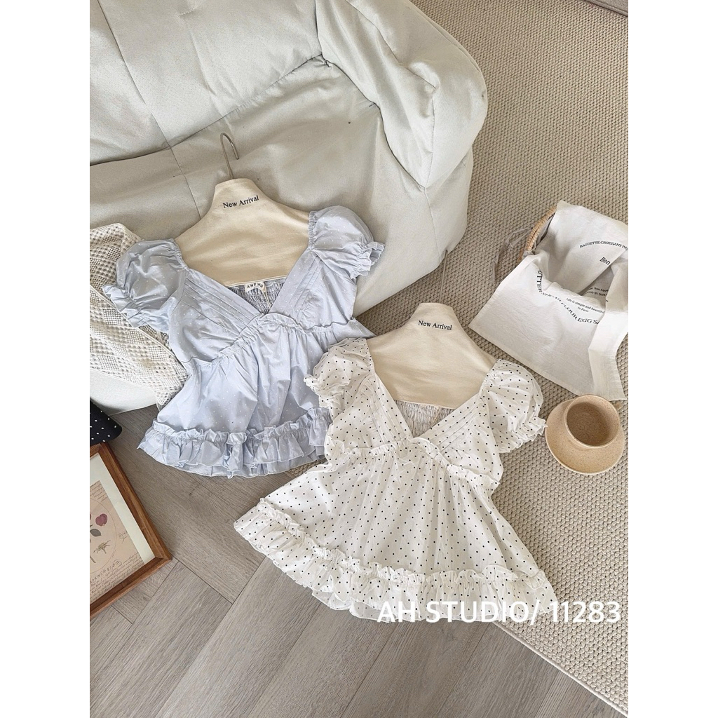 [Hàng Loại 1] Áo babydoll cổ V xếp ly tay ngắn bồng form xoè hoạ tiết chấm bi Rosy Top - A11283 | BigBuy360 - bigbuy360.vn
