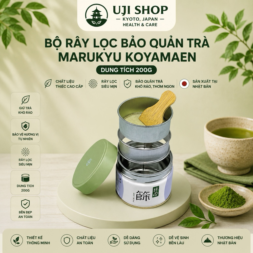 🌱Marukyu Koyamaen🌱 Bộ Rây Matcha Dạng Lon Marukyu Chính Hãng (Hủ Bảo Quản Matcha) Dung Tích 200gr