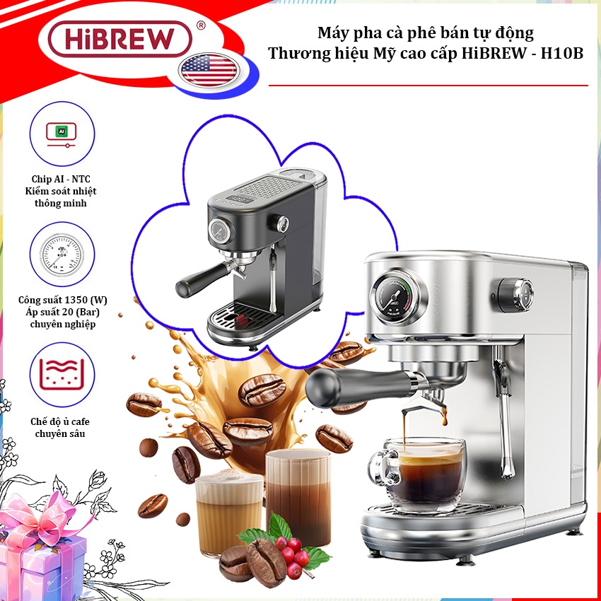 Máy pha cà phê bán tự động Espresso, Cappuccino, Latte thương hiệu HiBREW H10B - Hàng Nhập Khẩu