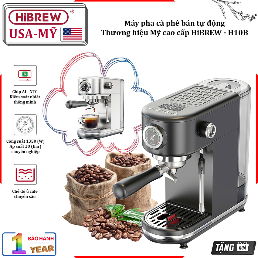 Máy pha cà phê bán tự động Espresso-Cappuccino-Latte - Thương hiệu Mỹ HiBREW Mã H10B - Bh 1 Năm