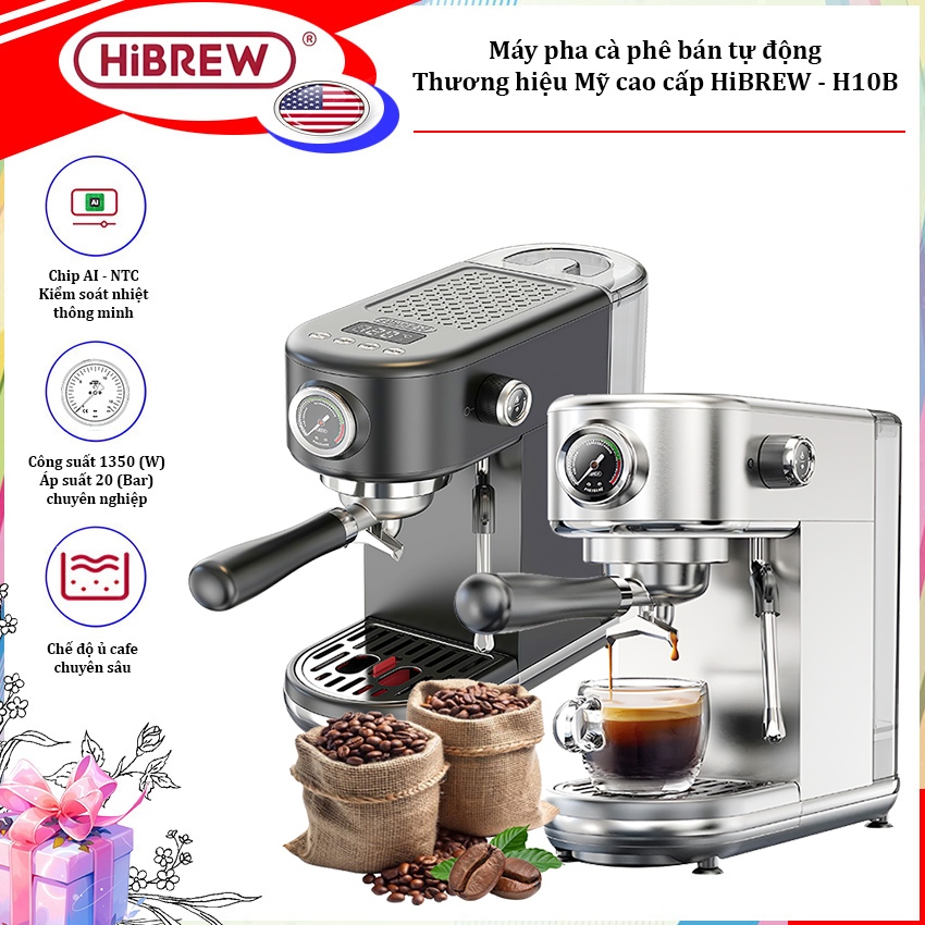 Máy Pha Cà Phê HiBREW H10B Bán Tự Động Thương Hiệu Mỹ, 20 bar, 1350W - Cappuccino, Espresso, Latte