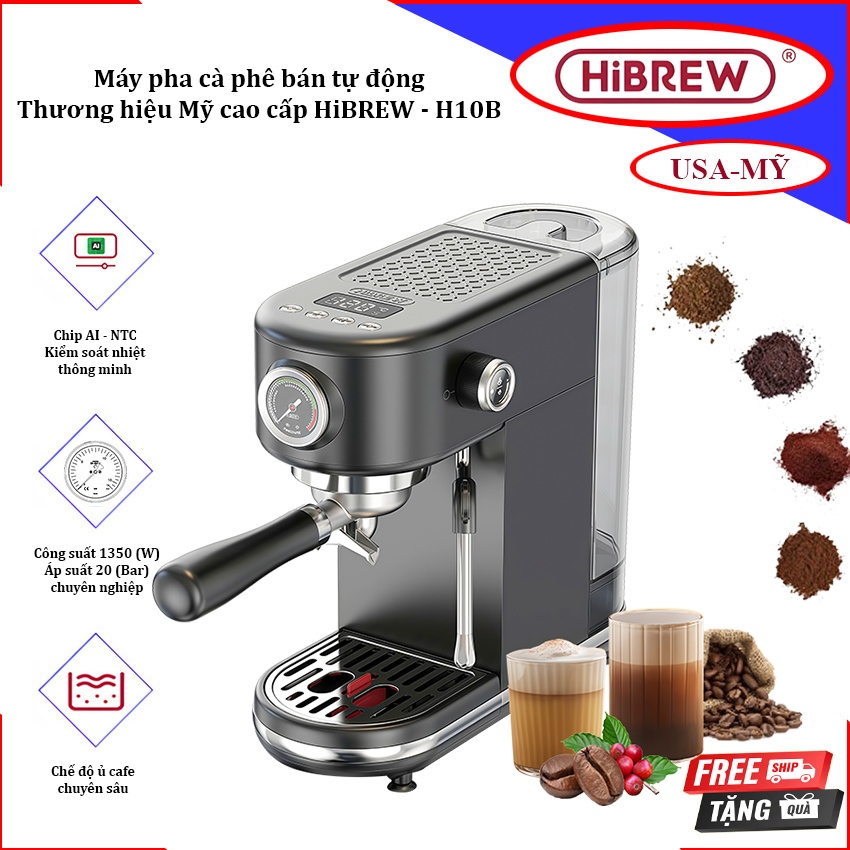 [ Bản nâng cấp] Máy pha cà phê bán tự động Espresso, Cappuccino, Latte. Thương hiệu Mỹ cao cấp HiBRE