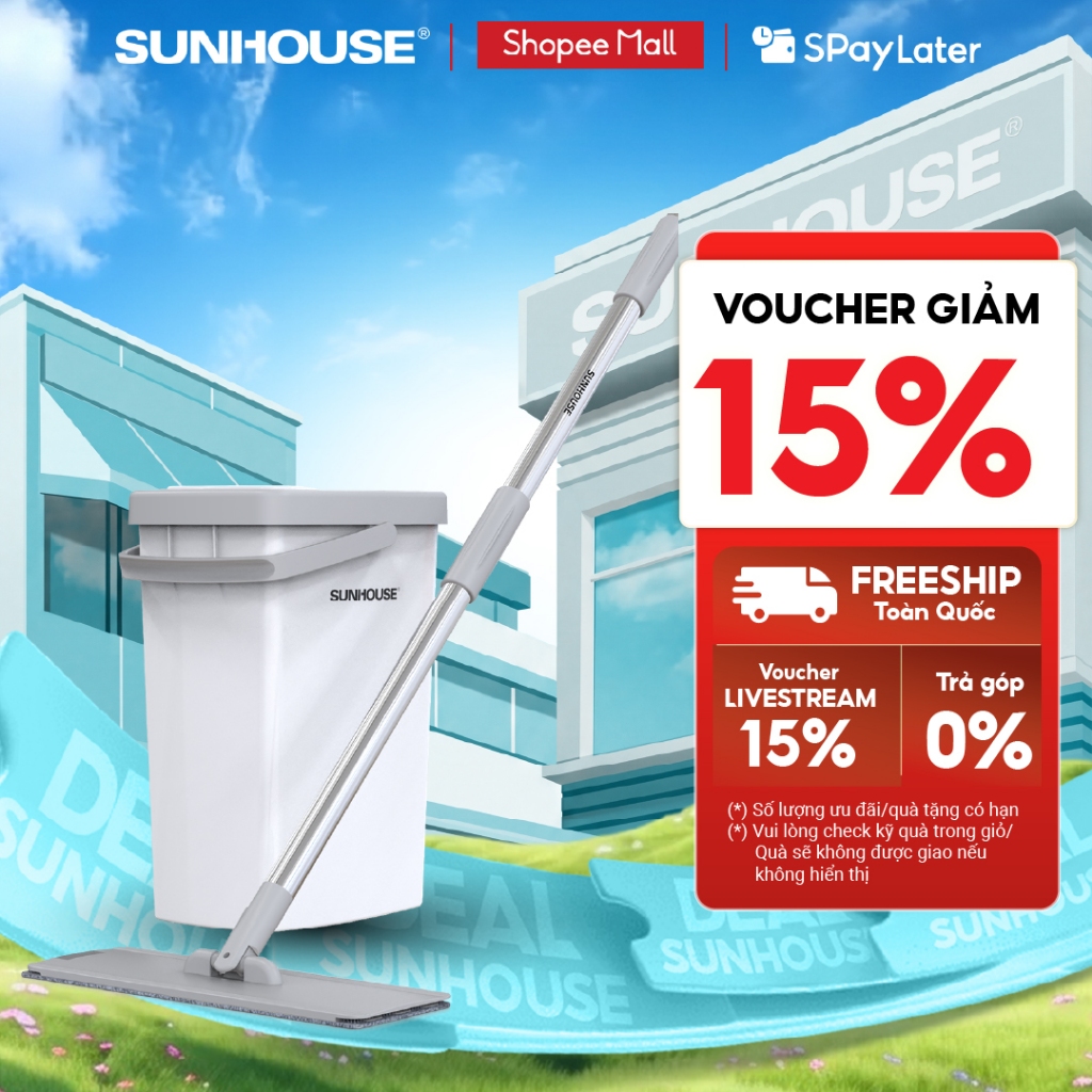 Bộ lau nhà đa năng Space Saving Sunhouse KS-CL3211PW - Gồm 1 thùng giặt, 1 cây lau -  Bảo hành 6 thá