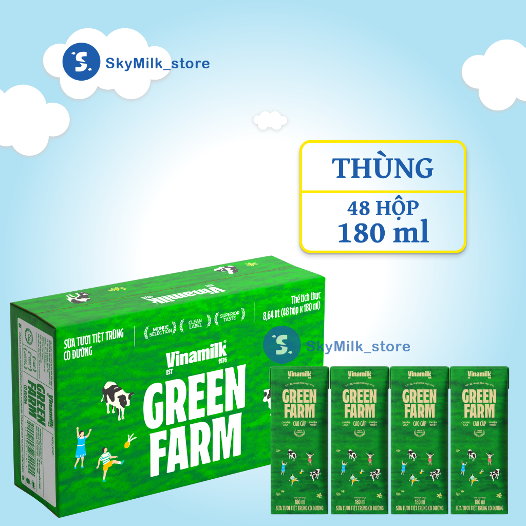 Vinamilk - Thùng 48 hộp 180ml Sữa tươi tiệt trùng Green Farm Có đường - Green Farm Vinamilk