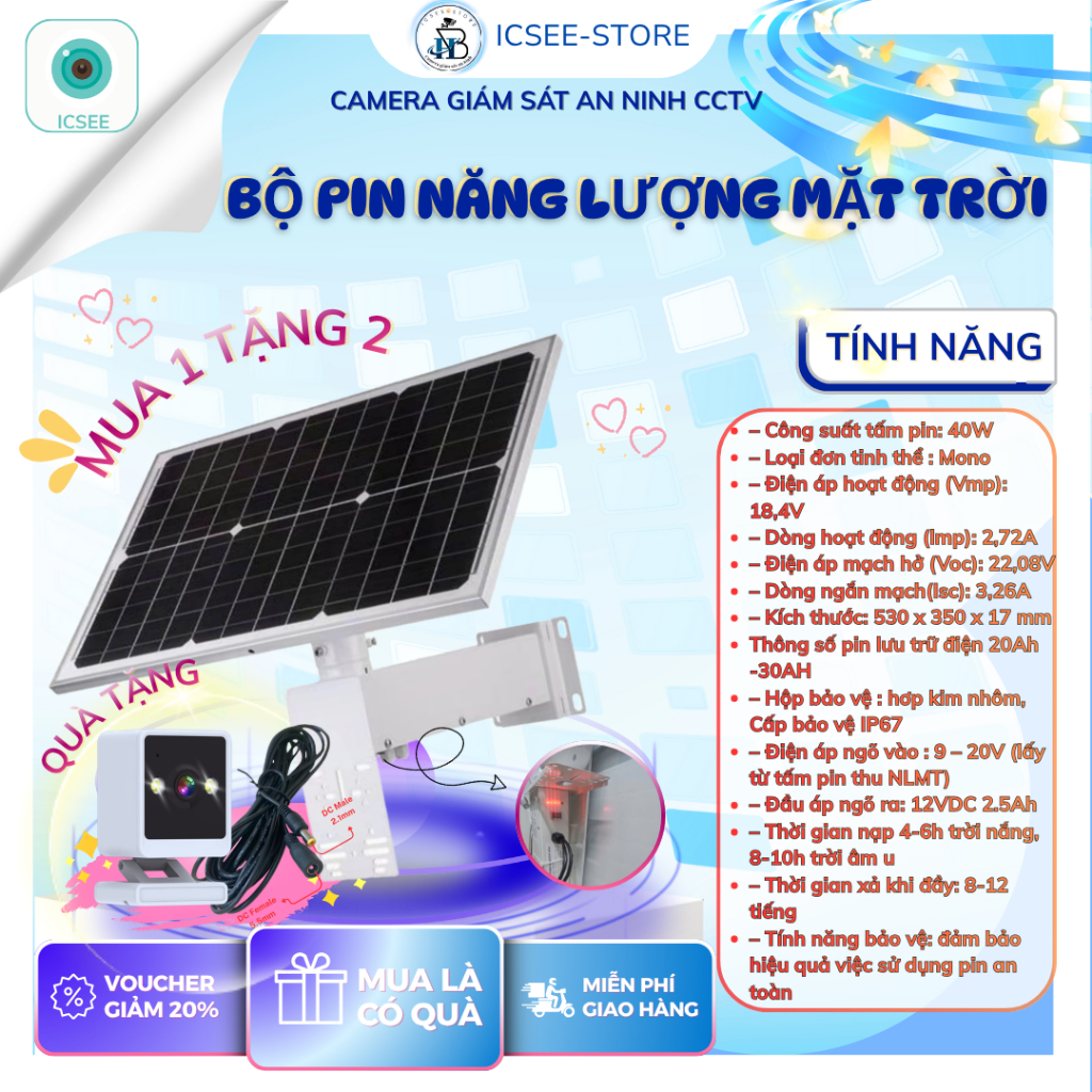 (MUA 1 TẶNG 2 ) BỘ LƯU ĐIỆN NĂNG LƯỢNG MẶT TRỜI 40W20Ah/ 40W30Ah Đảm bảo cho hệ thống camera hoạt độ