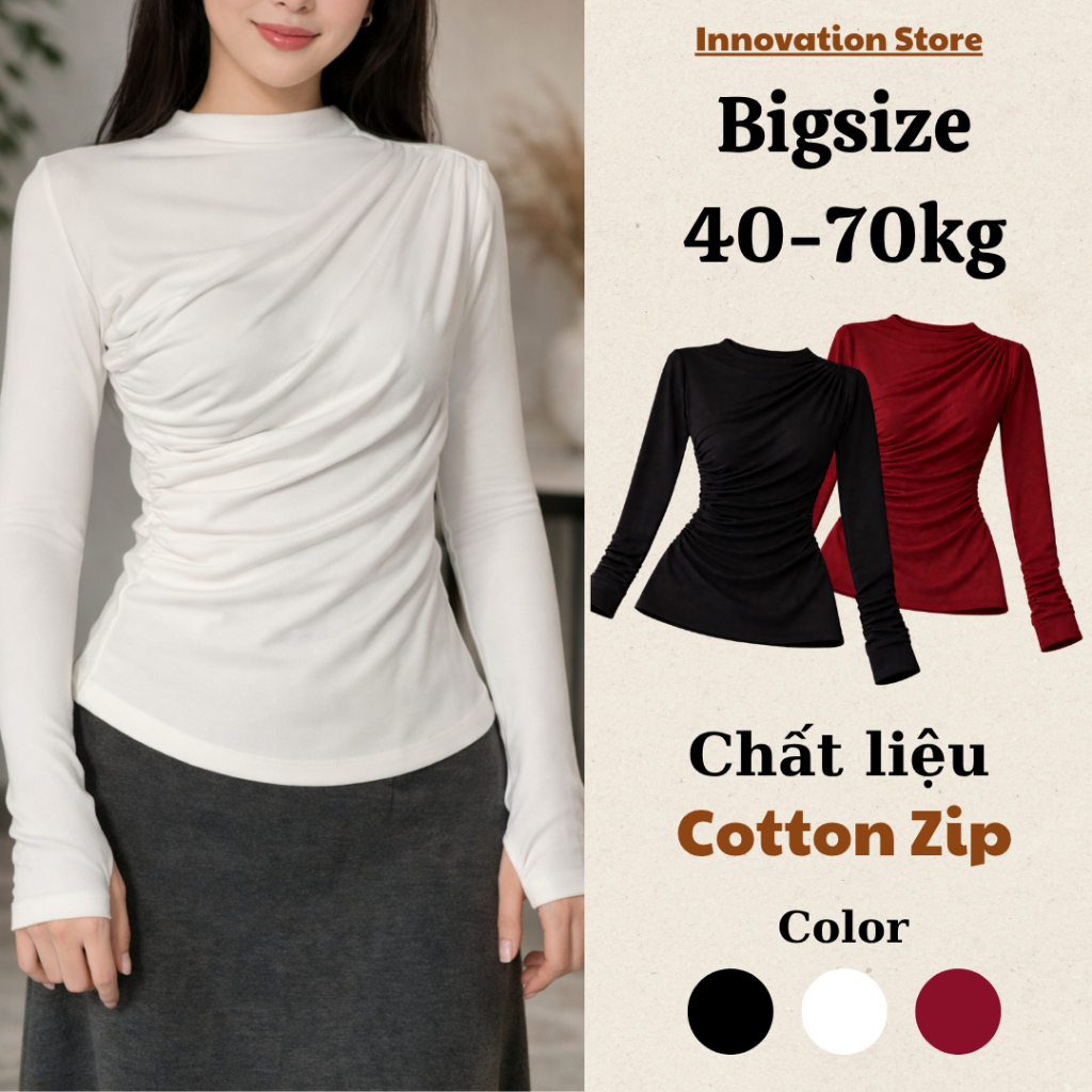 Áo thun nữ dài tay cổ tròn rúm eo tôn dáng, chất liệu cao cấp COTTON ZIP co giãn 4 chiều, mềm mịn - 196 Top Women | BigBuy360 - bigbuy360.vn