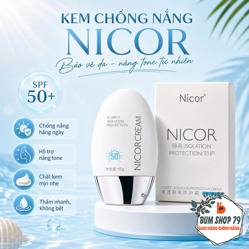 Kem Chống Nắng NICOR CREAM Kiềm Dầu Lâu Trôi, Kem Dưỡng Ẩm Da Mặt Mỏng Nhẹ Không Bết Dính Dễ Chịu
