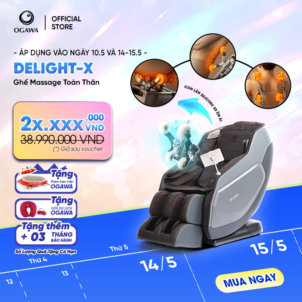 Ghế massage OGAWA Delight X- Trục SL Track, con lăn di chuyển 3D kết hợp con lăn lòng bàn chân và bắ