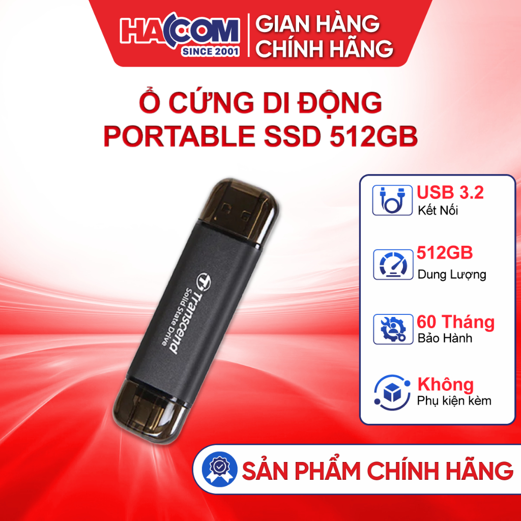 Ổ Cứng Di Động Portable SSD 2TB/1TB/512GB/256GB/128GB Transcend ESD310C Màu Đen - BH 60 Tháng HACOM