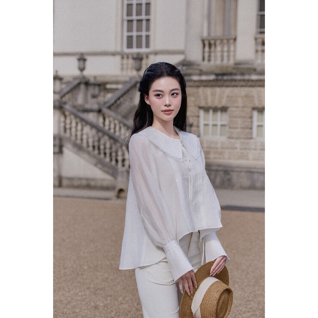Áo Sơ Mi Tơ Chất Tơ Dáng Suông Cổ Bèo Thiết Kế Tay Áo Cách Điệu Bồng Veo's Màu Trắng - Mirae Shirt | BigBuy360 - bigbuy360.vn