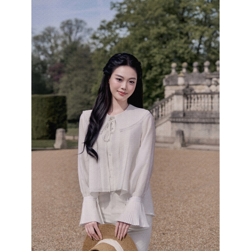 Áo Sơ Mi Tơ Chất Tơ Dáng Suông Cổ Bèo Thiết Kế Tay Áo Cách Điệu Bồng Veo's Màu Trắng - Mirae Shirt | BigBuy360 - bigbuy360.vn