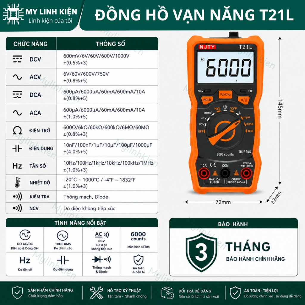 Đồng Hồ Đo Điện Vạn Năng NJTY T21L Đo Điện Xoay Chiều/Tụ Điện/Điện Áp Siêu Nhanh Chất Lượng Cao myli