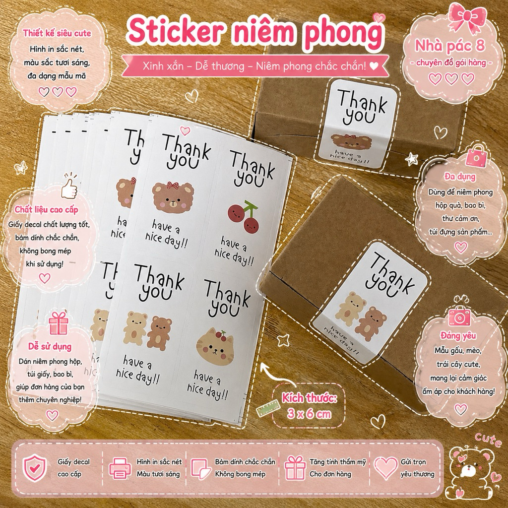 [SET 30 TỜ] 120 CÁI TEM TAG NHÃN DÁN THANK YOU HỌA TIẾT SIU XINH SIZE 3X6CM