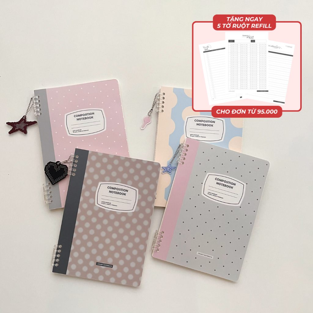 Vở còng bìa nhựa 160 trang size 18x26cm sổ còng binder polka dot chấm bi Crabit - Reconnect The Dots
