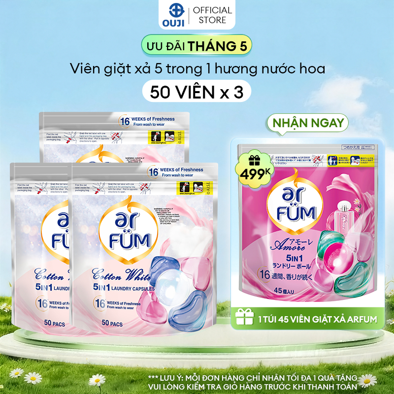 Combo 3 Túi Viên giặt Quần áo arFUM 5 trong 1 tinh dầu nước hoa, khử khuẩn 99% - 4 mùi hương (túi 50