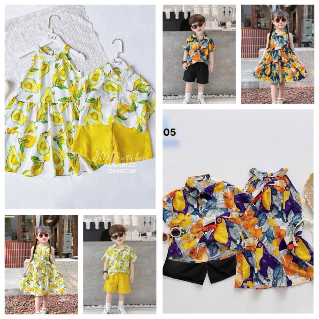 Set Bộ bé trai & váy bé gái đi biển Janeshop, bộ đi biển chất tơ đũi cao cấp mềm mại 13-33kg mã 105
