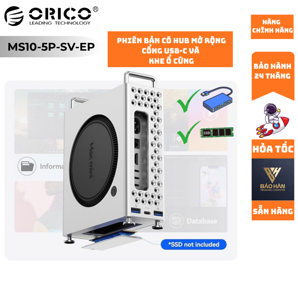 Case bảo vệ Mac MiniPro Cho Mac mini M4 , Kiêm Hub USB-C 5 in 1 10Gbps, Khe cắm SSD Hỗ trợ Max 8TB (