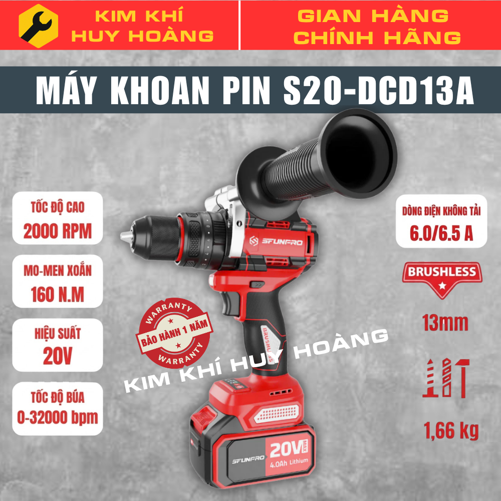 [CHÍNH HÃNG] Máy Khoan Pin 3 Chức Năng Sfunpro S20 DCD13A - Động Cơ Brushless - Lực Siết 160N.m - Ch