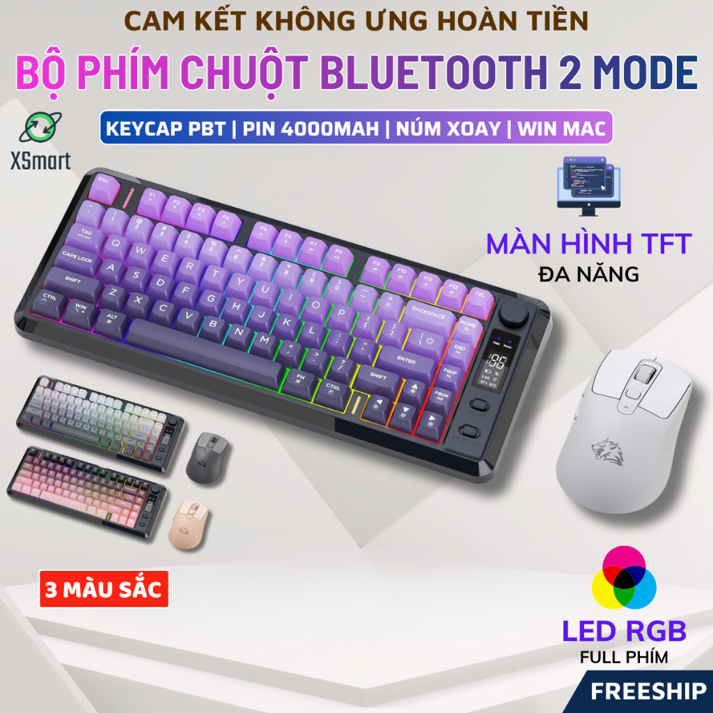 Bộ Bàn Phím Và Chuột Không Dây Bluetooth FreeWolf M75 LED Có Màn Hình, Pin Sạc Keycap PBT Cho Pc Lap