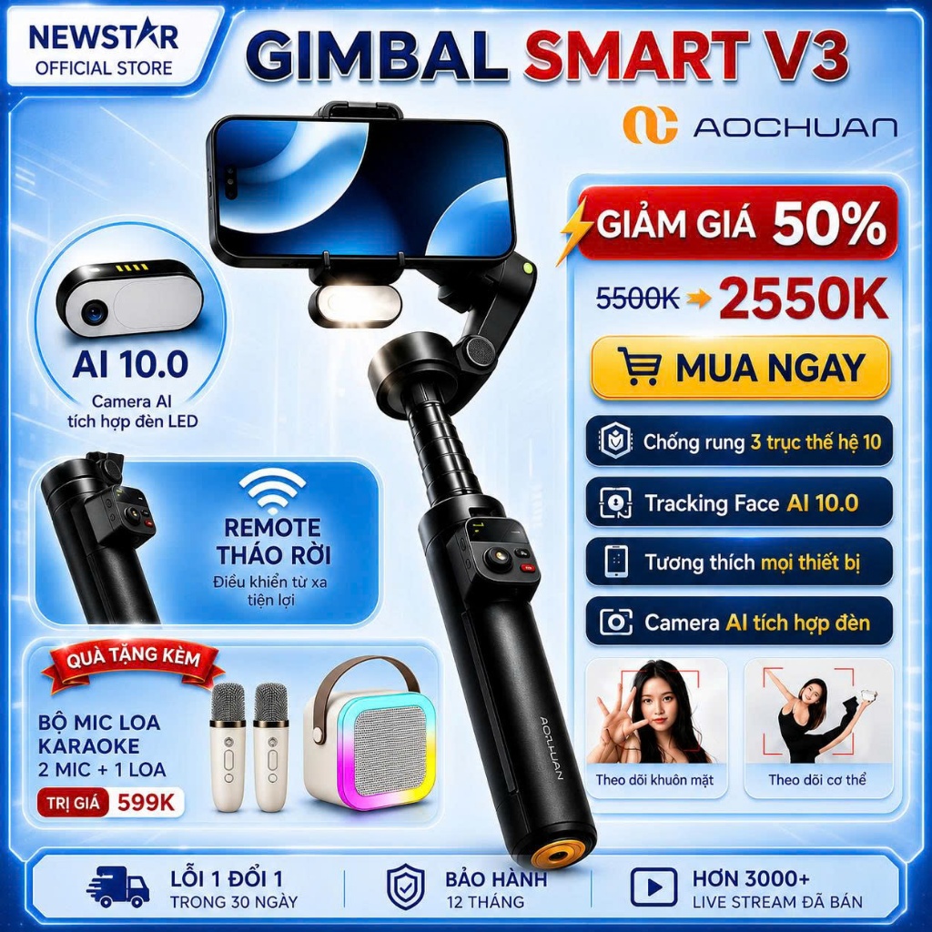 Gimbal Smart V3 - Gymbal điện thoại chống rung hỗ trợ Livestream, chụp ảnh chuyên nghiệp xoay 360 độ