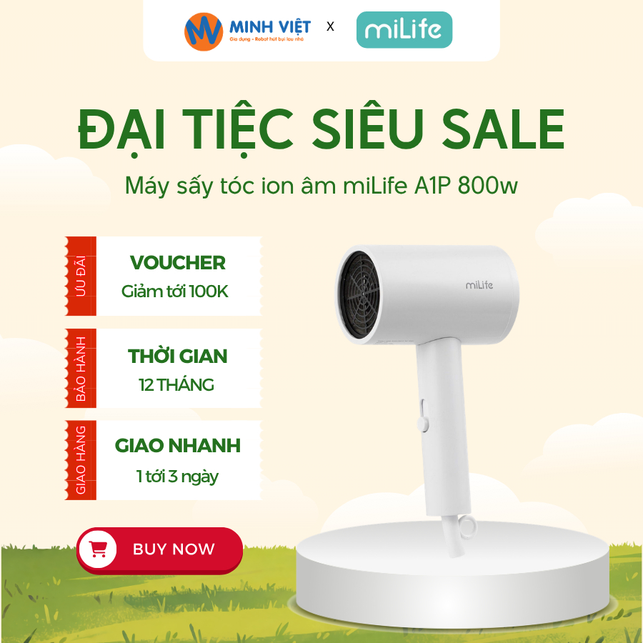Máy Sấy Tóc Ion Âm MiLife A1P 800W - Công Nghệ Ánh Sáng Xanh Bảo Vệ Tóc - BH 12 Tháng - Minh Việt