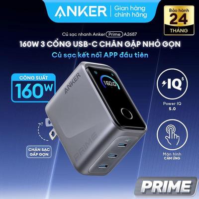 Củ sạc nhanh Anker Prime 160W, 3 cổng USB-C, Màn hình cảm ứng thông minh | Hỗ trợ App | Sạc nhanh PowerIQ 5.0 - A2687