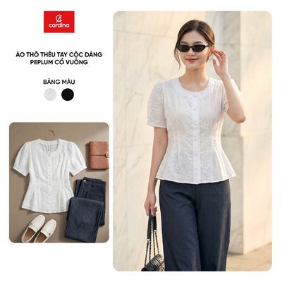 Áo sơ mi nữ CARDINA chất liệu thô thêu tay cộc dáng peplum cổ vuông 6AKC11