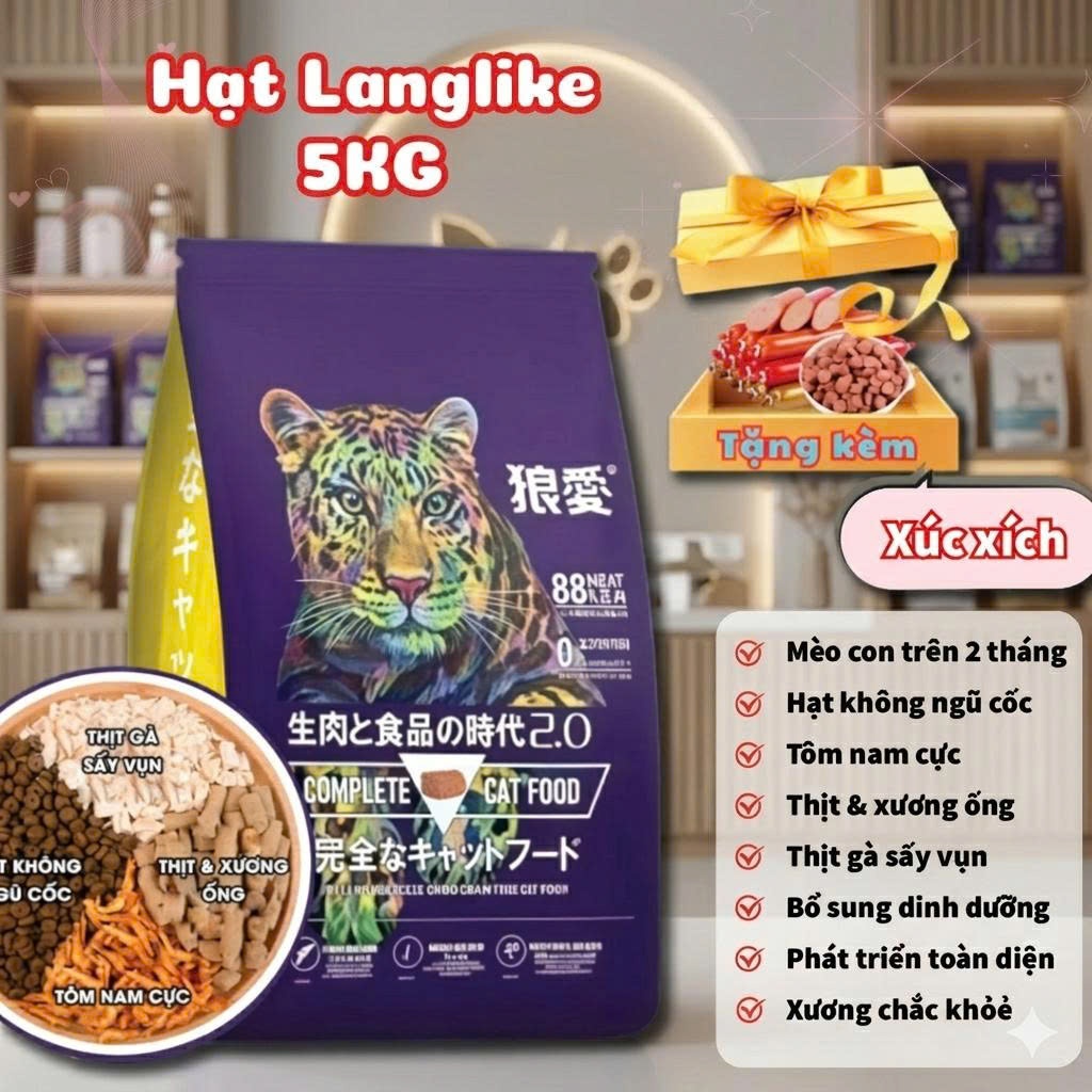 Hạt Langlike 5kg cho mèo siêu topping, hạt mèo langlike không độn ngũ cốc túi 5kg nhiều dinh dưỡng