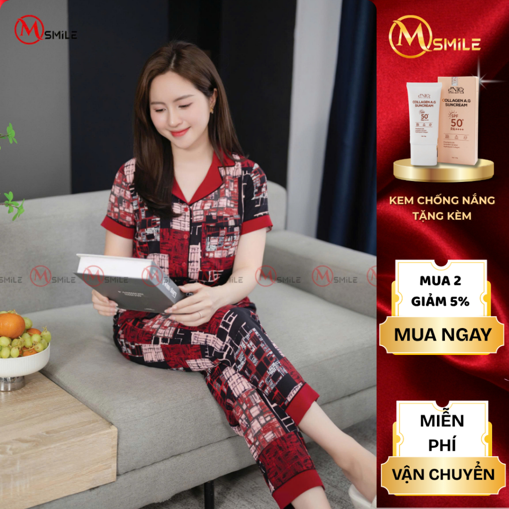 Bộ mặc nhà MSMILE lụa Lạnh Hàn cao cấp tay ngắn quần dài, chất liệu mịn màng, thoáng mát - BD533