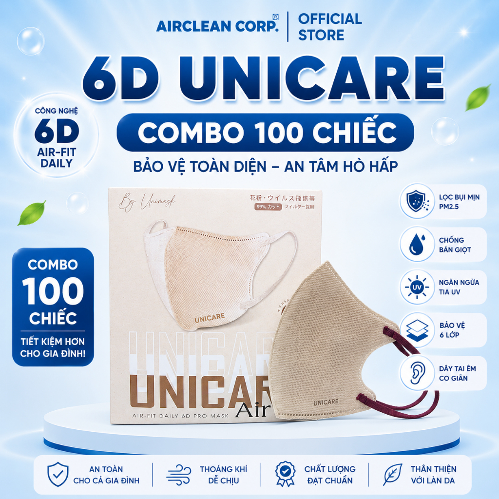 6D UNICARE Airfit Màu Be - Thùng 100 chiếc khẩu trang 6D Mask Be cao cấp