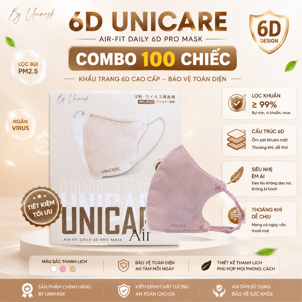 6D UNICARE Airfit Màu Hồng Tím- Thùng 100 chiếc khẩu trang 6D Mask Hồng Tím cao cấp