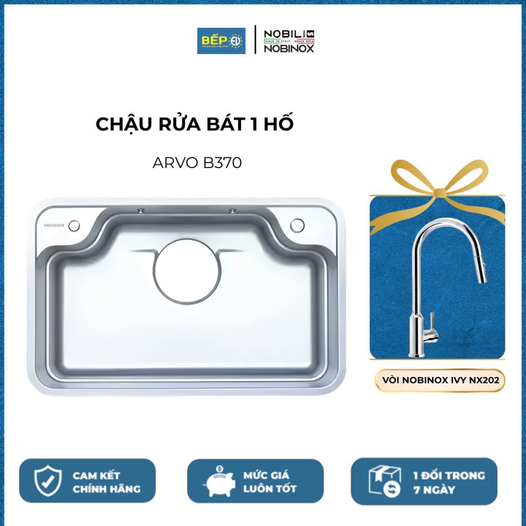 CHẬU RỬA BÁT 1 HỐ NOBINOX ARVO B370 Kèm vòi rửa bát dây rút Nobinox IVY NX202