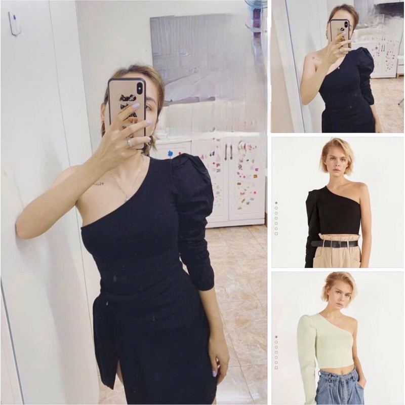 C46 Áo croptop đen lệch vai Bersh/ka Aut/h