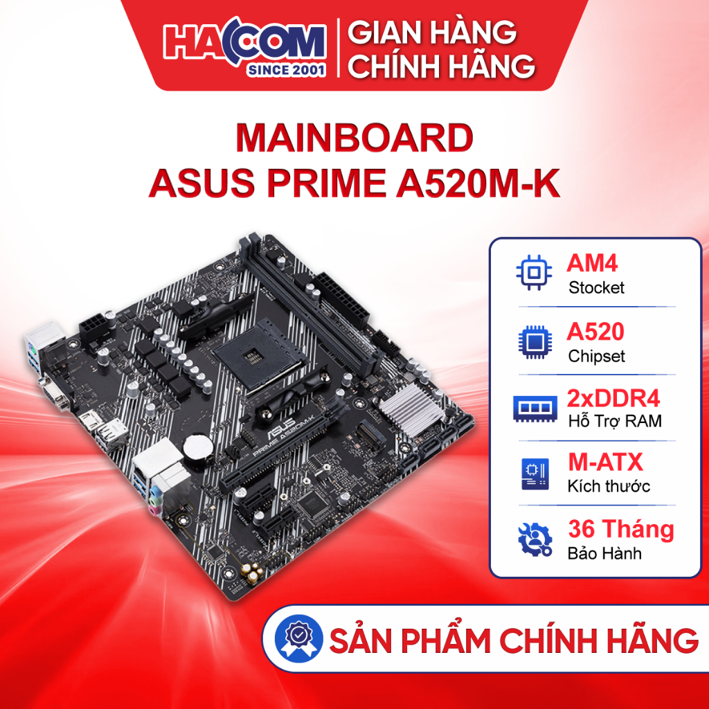 Mainboard Asus Prime A520M - K (M-ATX/AM4/DDR4) Chính Hãng -  Bảo Hành 36 Tháng HACOM PC