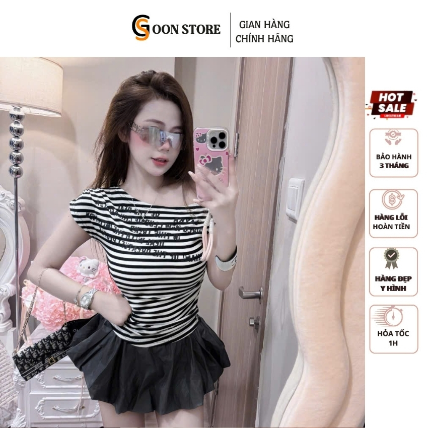 Áo Thun Gân Tăm Trễ Vai Kẻ Ngang In Chữ Phong Cách Ulzzang Goon Store