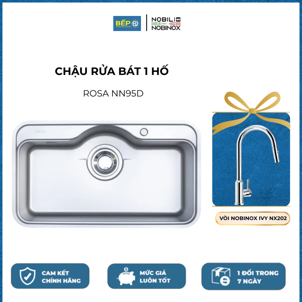 CHẬU RỬA BÁT 1 HỐ NOBINOX ROSA NN995D Kèm vòi rửa bát dây rút Nobinox IVY NX202