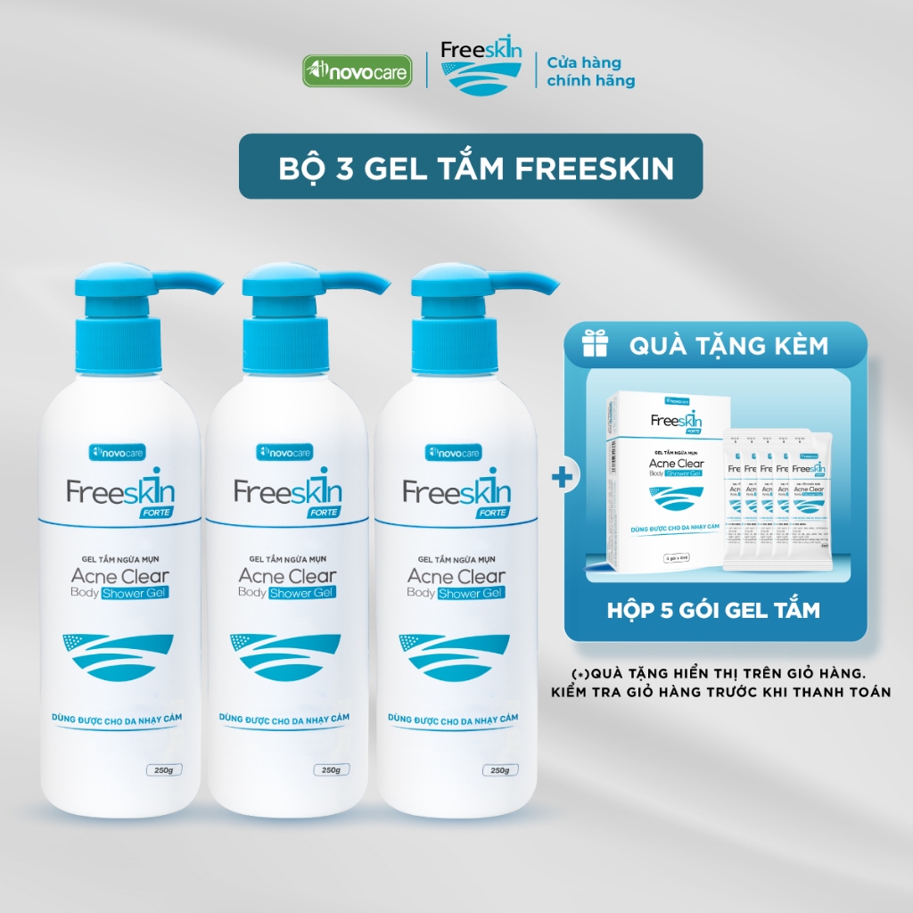 Set 3 Gel tắm ngừa mụn Novocare - Freeskin Forte Acne Clear Body Shower Gel 250ml dùng cho mụn cơ th