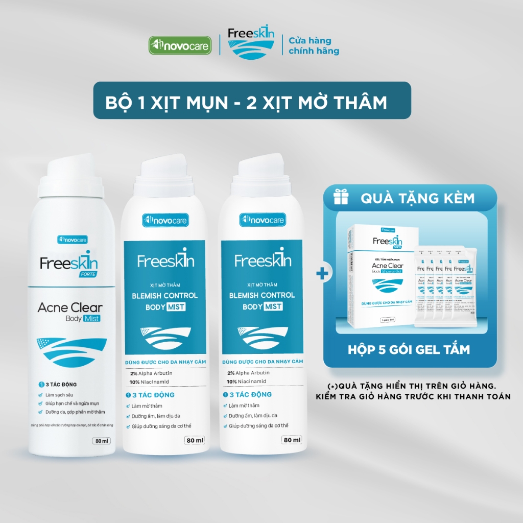 Combo 1 Xịt mụn Acne Clear Body Mist 80ml & 2 Xịt mờ thâm Blemish Control Body Mist 80ml Novocare - 