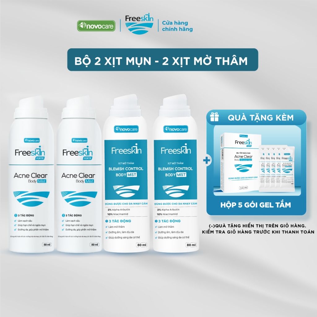 Combo 2 Xịt mụn Acne Clear Body Mist 80ml & 2 Xịt mờ thâm Blemish Control Body Mist 80ml Novocare - 