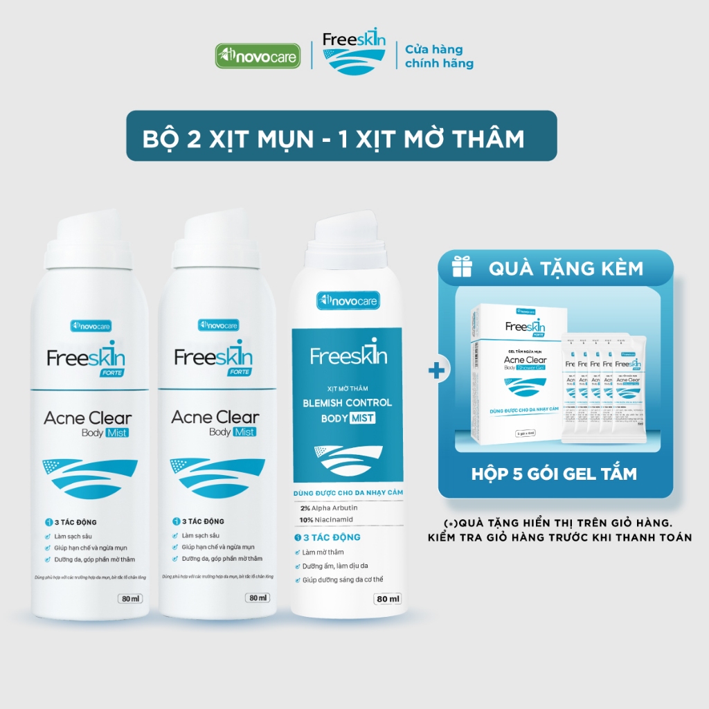 Combo 2 Xịt mụn Acne Clear Body Mist 80ml & 1 Xịt mờ thâm Blemish Control Body Mist 80ml Novocare - 