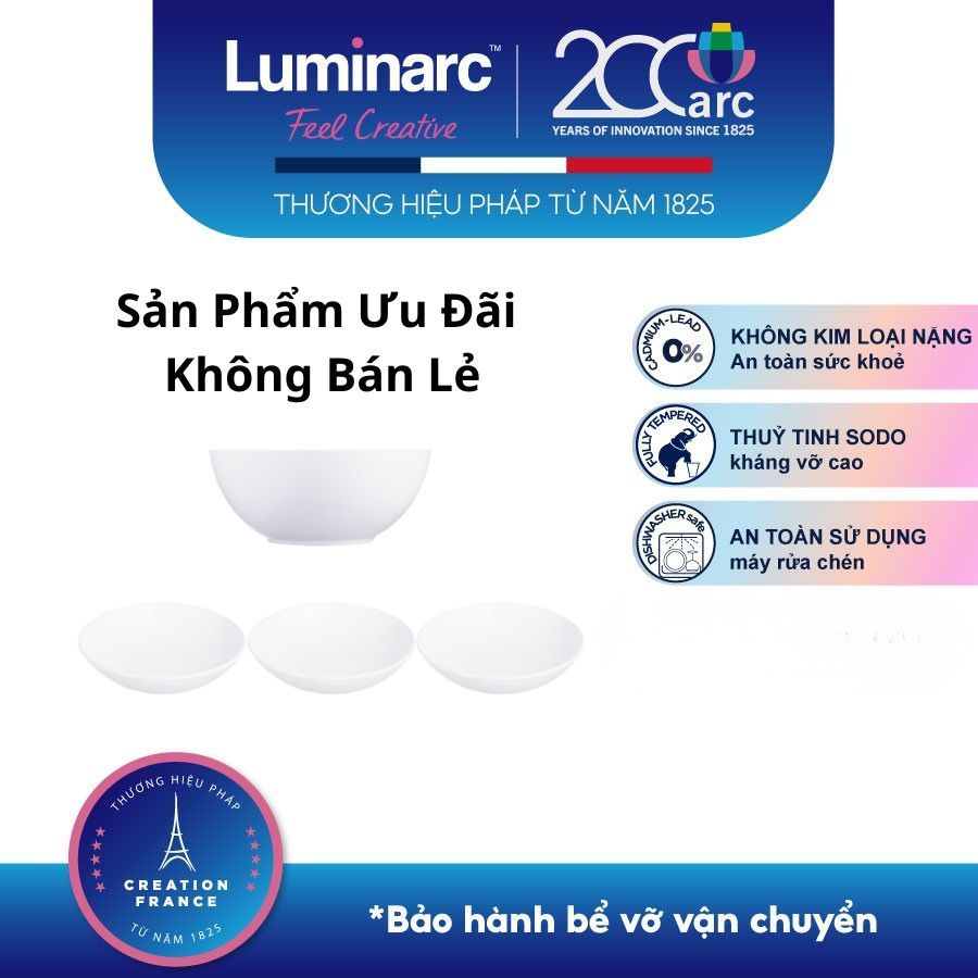 (Hàng Ưu Đãi Không Bán) Combo 1 Tô Thủy Tinh Diwali Trắng 21cm và 3 Đĩa Chấm Thủy Tinh Diwali Trắng 