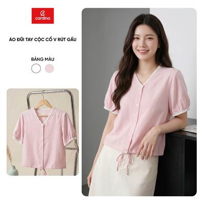 Áo sơ mi nữ CARDINA chất liệu đũi tay cộc cổ V rút gấu 6AKC16