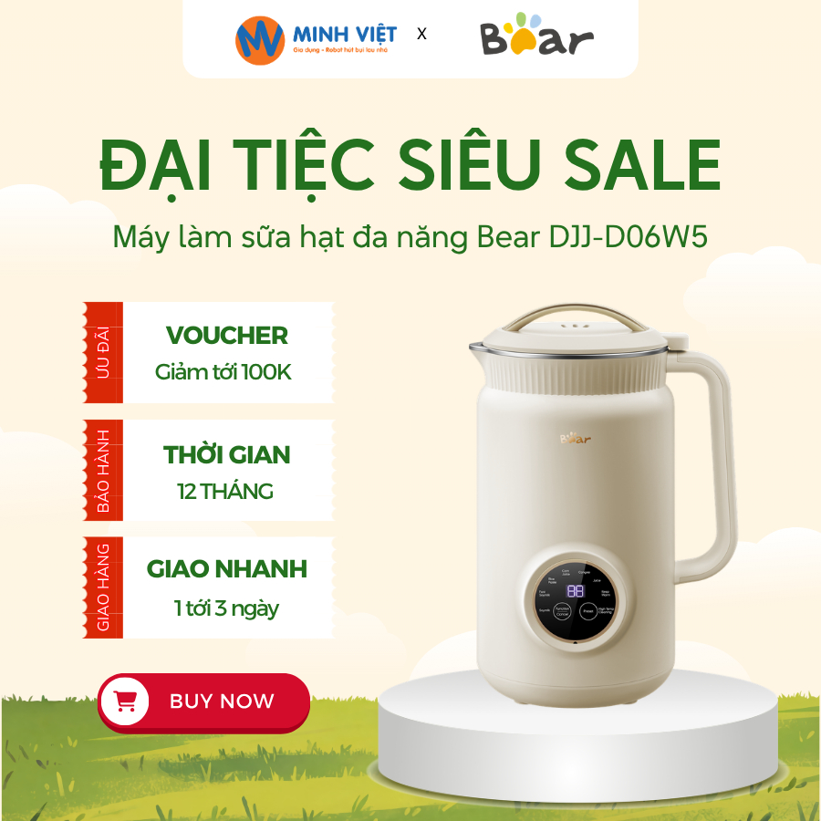 Máy Làm Sữa Hạt Đa Năng Bear DJJ-D06W5 - Dung tích 1L, 800W, 8 Chế Độ Nấu- BH 18 Tháng-TL Tech World