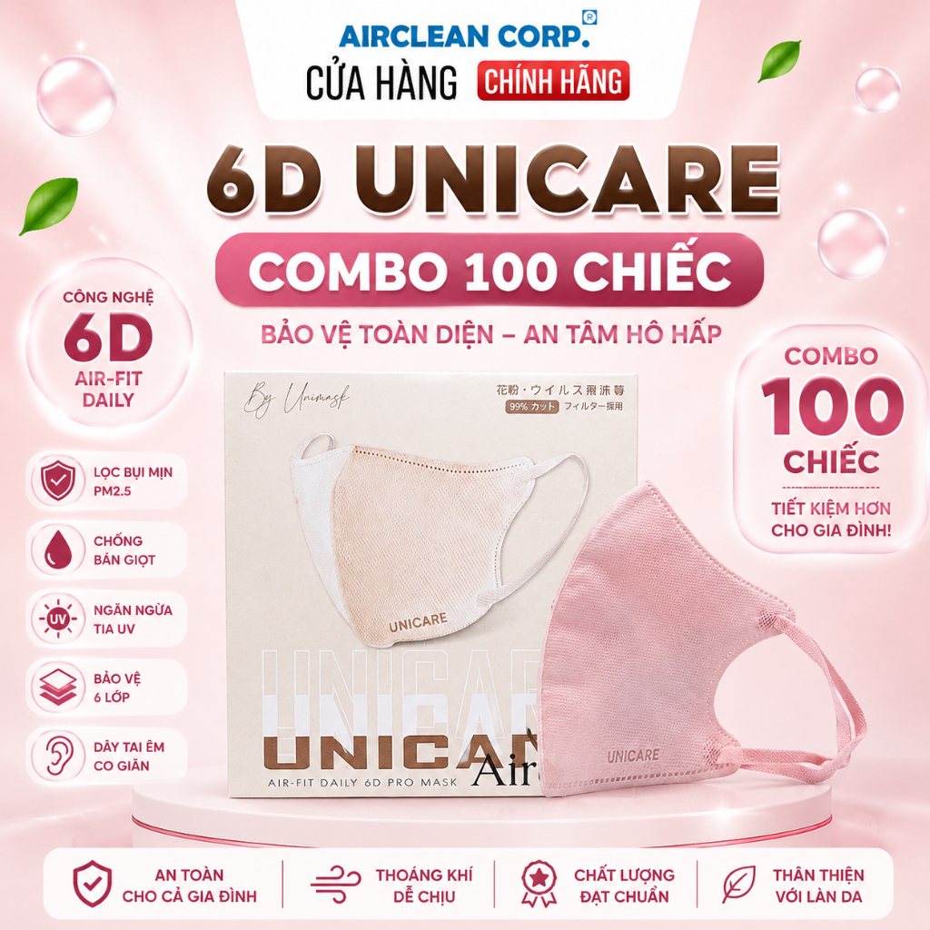6D UNICARE Airfit Màu Hồng - Thùng 100 chiếc khẩu trang 6D Mask Hồng cao cấp