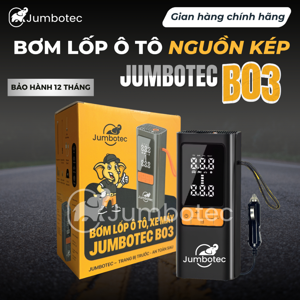 Bơm Lốp Thông Minh Đa Năng Jumbotec B03: Pin 6000mAh & Tẩu 12V, Dùng Tiện Lợi Cho Ô Tô, Xe Máy
