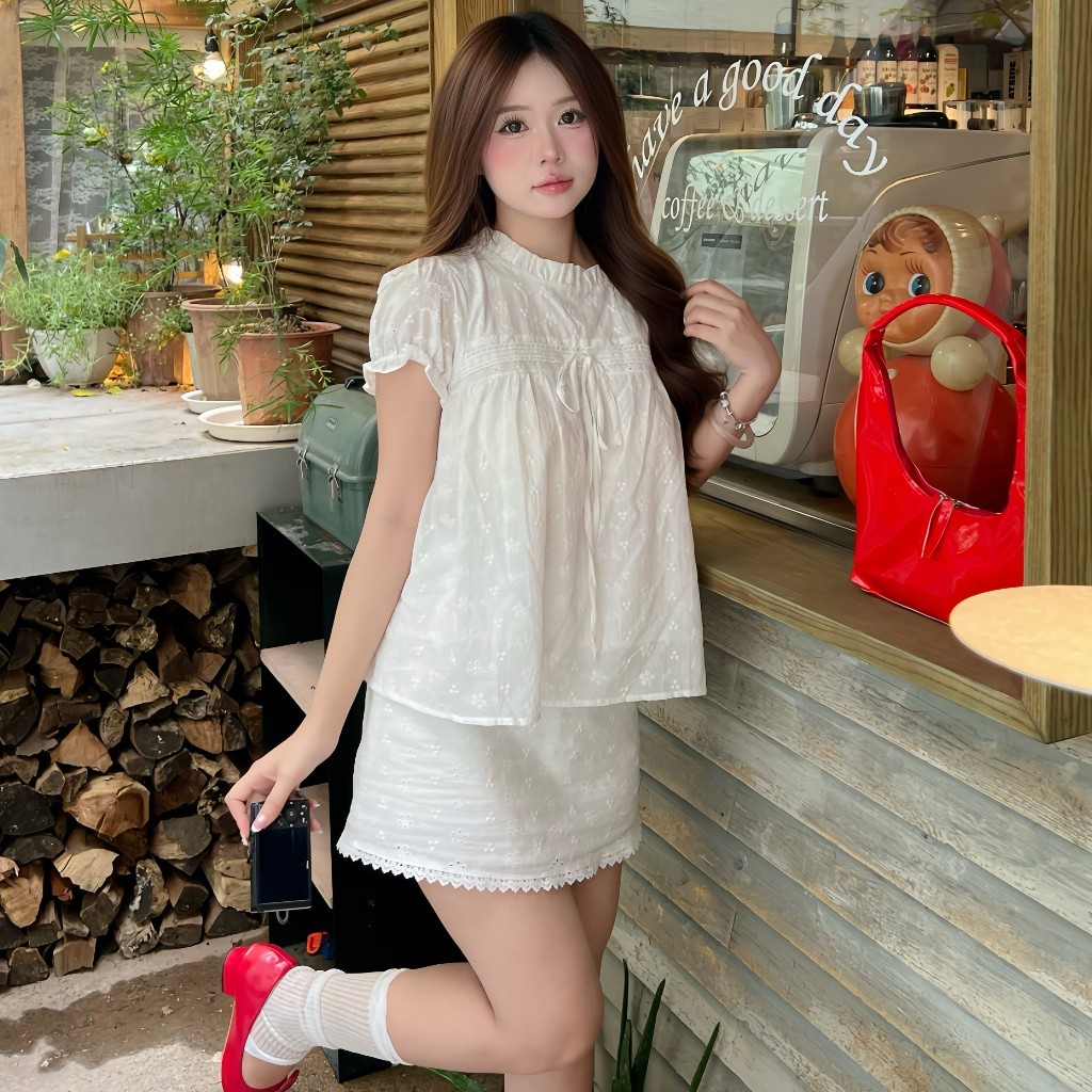 Set bộ babydoll 2 lớp tay bồng thắt nơ phối chân váy ren SAT424