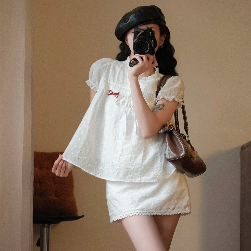 Set bộ babydoll 2 lớp tay bồng thắt nơ phối chân váy ren SAT424 | BigBuy360 - bigbuy360.vn