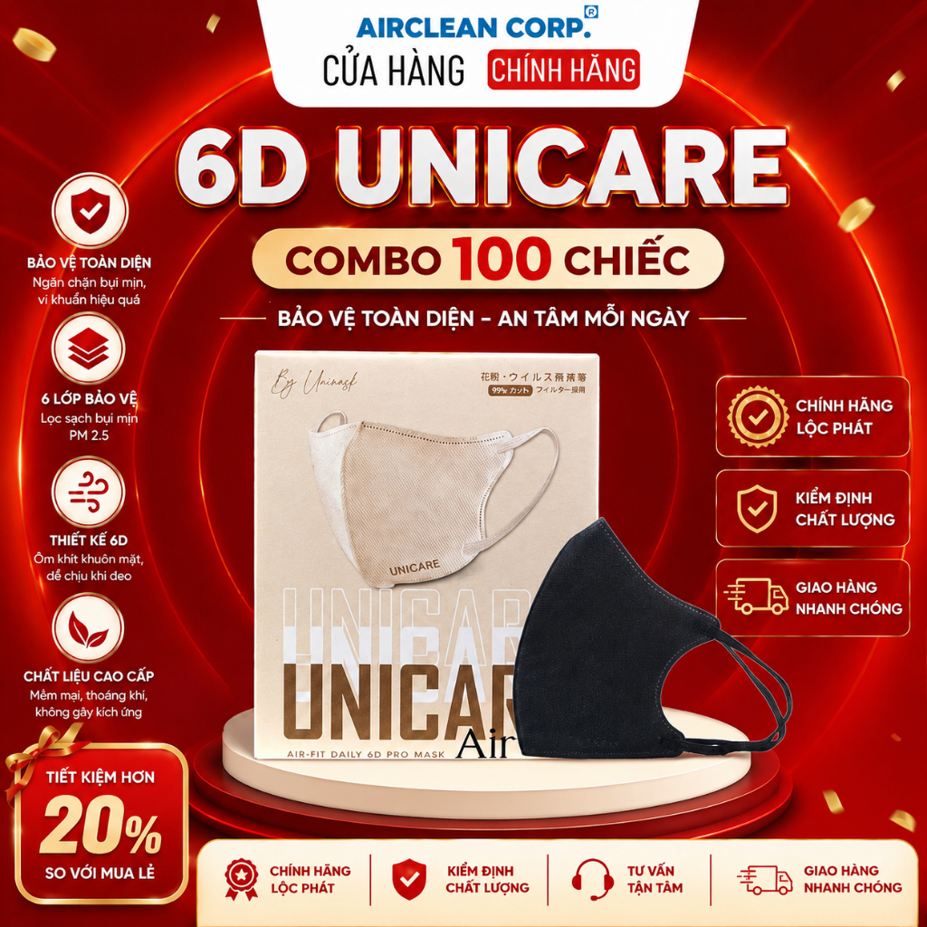 6D UNICARE Airfit Màu Đen - Thùng 100 chiếc khẩu trang 6D Mask Đen cao cấp
