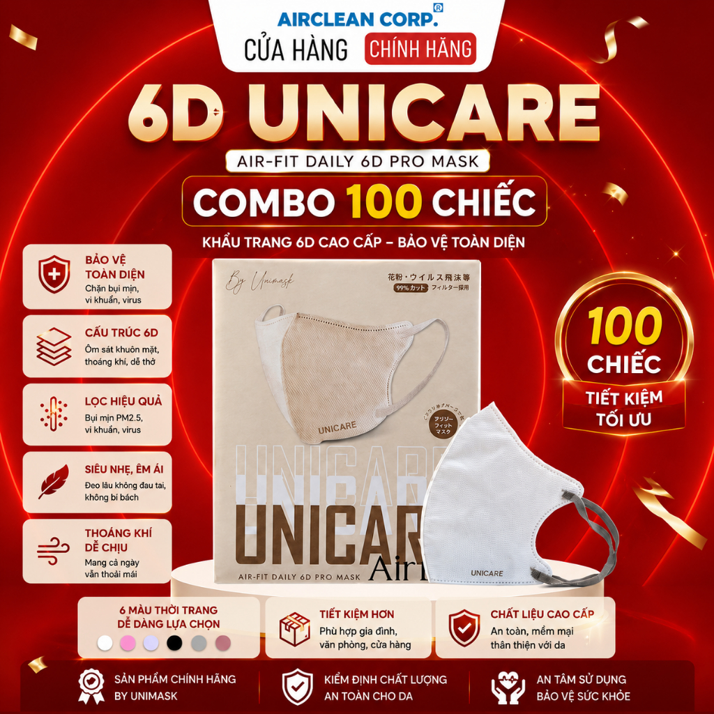 6D UNICARE Airfit Màu Kem Sữa- Thùng 100 chiếc khẩu trang 6D Mask Kem Sữa cao cấp