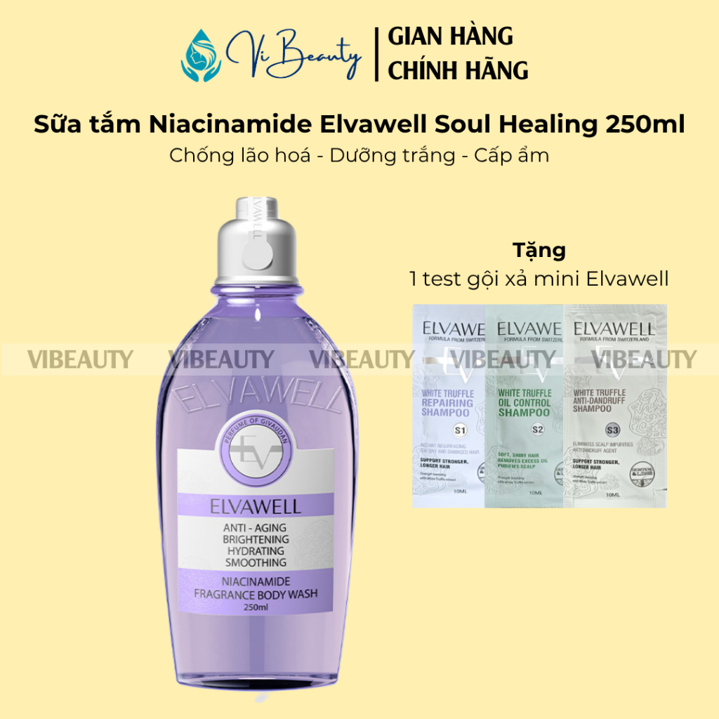 [Tặng 1 test Elvawell] Sữa Tắm Trắng Da Niacinamide ELVAWELL Soul Healing Tím 250ml